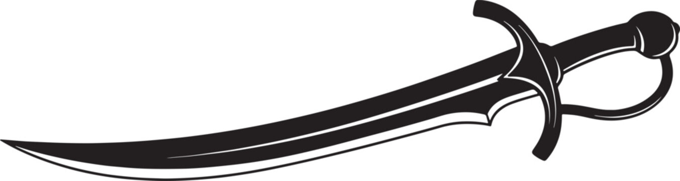 Black curved scimitar sword with ornate hilt and blade details on white background also transparent background