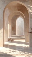 Fototapeta premium Series of tan arches receding into the distance, bathed in warm sunlight and shadows