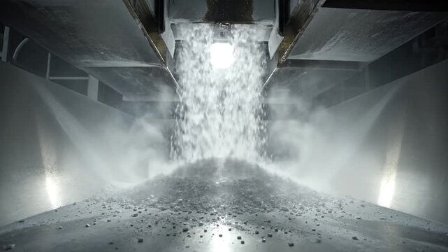 Industrial scene with falling debris and dust.