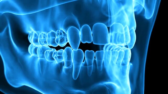 X-ray image of human jaw and teeth in blue tone.