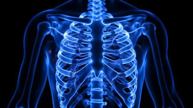 Human skeleton anatomy illustration glowing blue on black background.