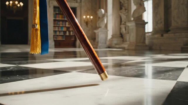 Luxurious pen on a marble floor in a grand hall.