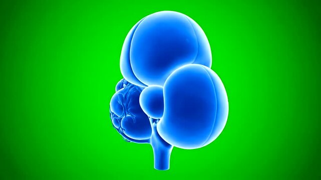3D rendered blue anatomical illustration of testicles on green background.