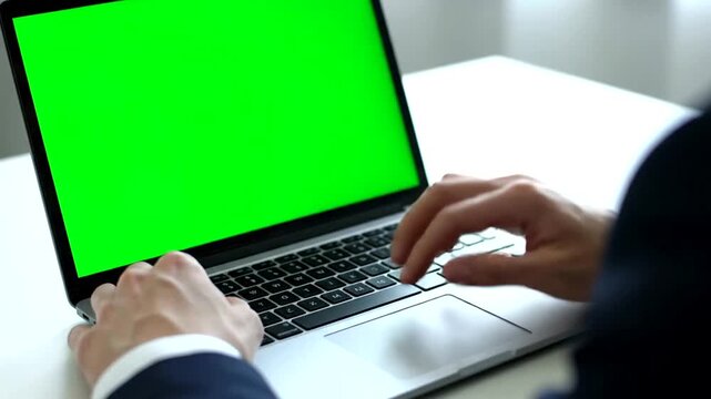Person typing on a laptop with a green screen on a white desk.