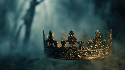 Naklejka premium Gilded crown with intricate filigree and pointed rests on mossy ground amid swirling mist, backlit by soft diffused light filtering through bare trees in a gloomy woodland setting.