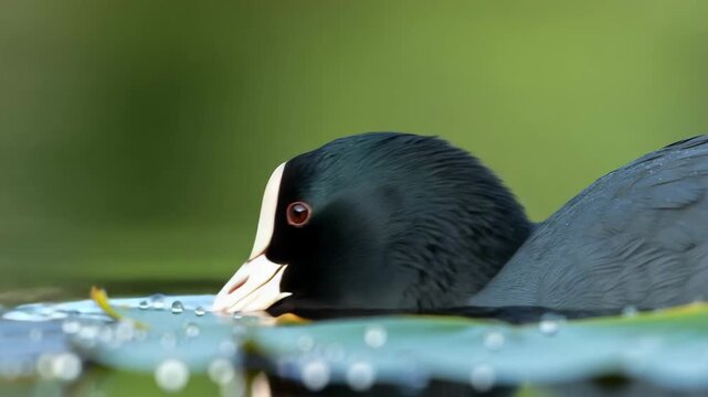 Coot swimming peacefully on water surface with soft morning wildlife light