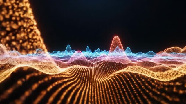 Abstract digital landscape with wavy terrain and glowing particles for futuristic technology or scientific visualization backgrounds