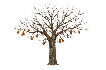 Bare deciduous tree with brown autumn leaves on branches showing seasonal change and nature on a transparent background
