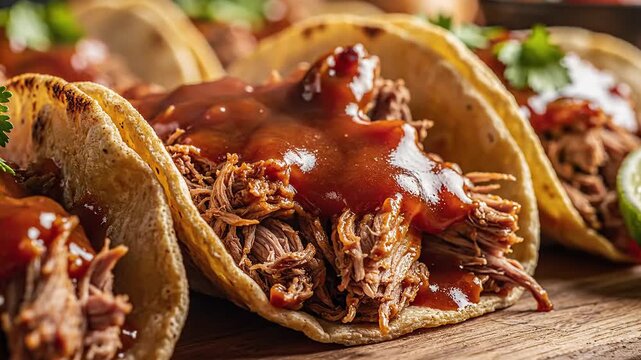 Delicious pulled pork tacos with rich barbecue sauce and fresh cilantro garnish