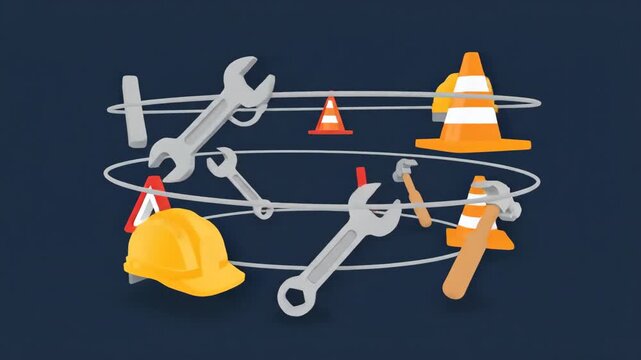 Conceptual animation of construction tools and workplace safety equipment in a modern artistic arrangement suitable for website design