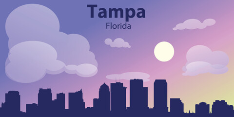 Obraz premium Stylized skyline of Tampa, Florida at sunset. Modern flat illustration with urban silhouette, pastel gradient sky, sun and soft clouds. 
