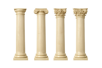 Ancient architectural columns showcasing doric, ionic, and corinthian orders, classic greek pillars on transparent background