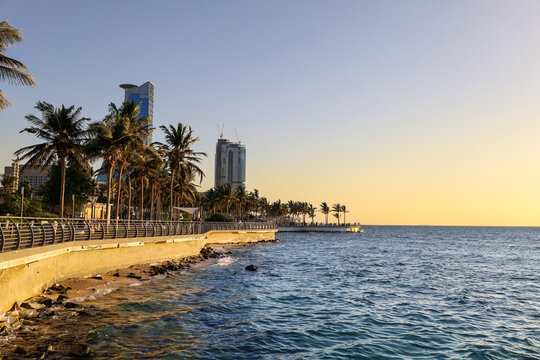 Modern skyscraper and luxury skyline on Jeddah waterfront corniche at sunset, Red Sea coast, Saudi Arabia