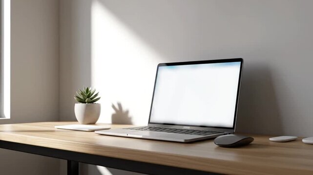 Modern home office setup with laptop and plant on wooden desk