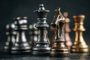 Fototapeta premium Strategic Game Chess Pieces Composition Close-Up Chessboard Black Background Knight Queen Rook Gold Bronze Metal Strategy Competition Challenge Decision-Making Intelligence Victory