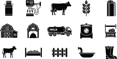 A comprehensive set of black and white icons illustrating key elements of dairy farming and agricultural processes. © Milon Store