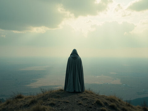 Eine einzelne verh&uuml;llte Person blickt auf eine unbekannte Welt hinaus. Das Bild vermittelt Nachdenken, Aufbruch und Identifikation ohne feste Rolle.KI Generiert