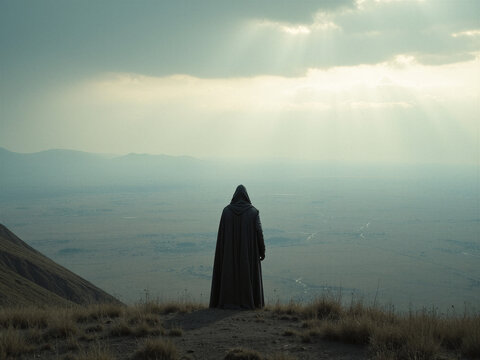Eine einzelne verh&uuml;llte Person blickt auf eine unbekannte Welt hinaus. Das Bild vermittelt Nachdenken, Aufbruch und Identifikation ohne feste Rolle.KI Generiert