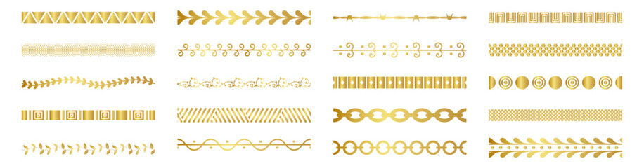 Gold ornamental decorative borders and dividers vector set, geometric and classic design elements on transparent background