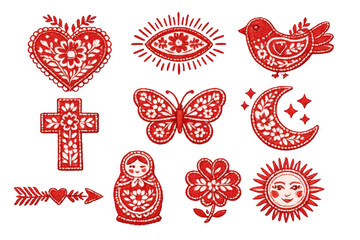 Folk art red embroidery symbols set with heart, bird, cross, butterfly, moon, sun, and russian doll on transparent background