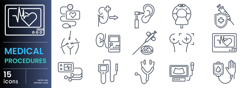 Medical Procedures line icon set. Cardiac monitor, tonometer, ear examination, kidney transplant, MRI scanner, laparoscopy minimal vector illustration. Outline signs for hospital. Editable Stroke.