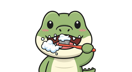 Cartoon alligator brushing teeth with toothbrush, showing oral hygiene habits in a fun illustration
