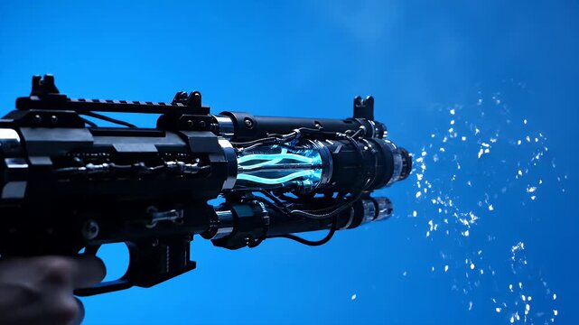 Hand holding futuristic weapon with glowing blue energy tubes and bright muzzle flash