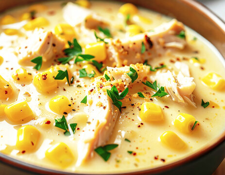 Chicken corn chowder, macro shot. AI