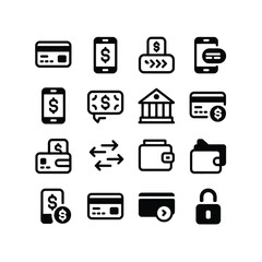 Collection of icons representing various financial and payment methods isolated on white background, Vector, illustration