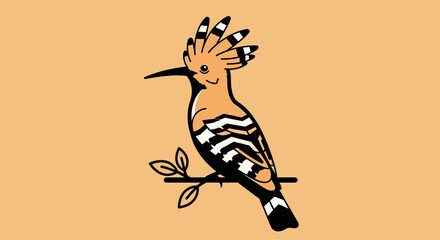 A majestic hoopoe perches on a branch with leaves, showcasing its vibrant plumage and distinctive crest, an illustration © John