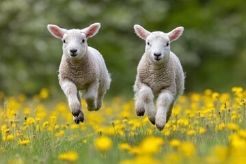 Fototapeta premium Two lambs running joyfully through a field of yellow wildflowers