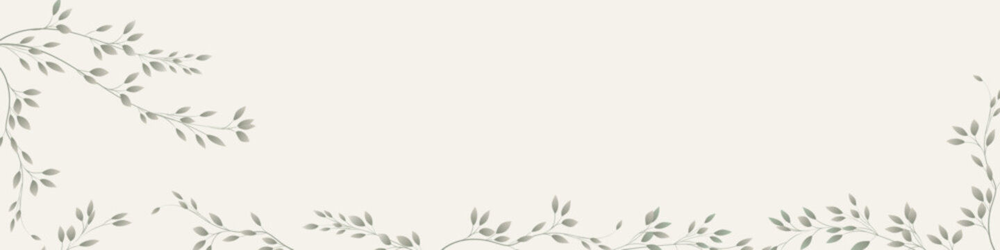 Wide minimalist botanical banner with soft green branches and leaves on a warm neutral background. Elegant natural composition with copy space, perfect for website headers, presentations and covers