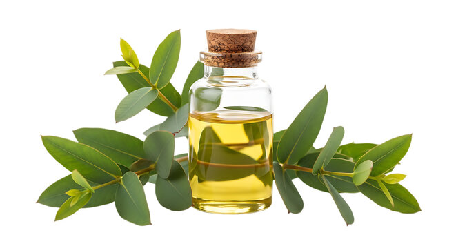 Bottle essential oil in clear glass vial with cork stopper and fresh eucalyptus leaves, natural aromatherapy skincare concept isolated on white background