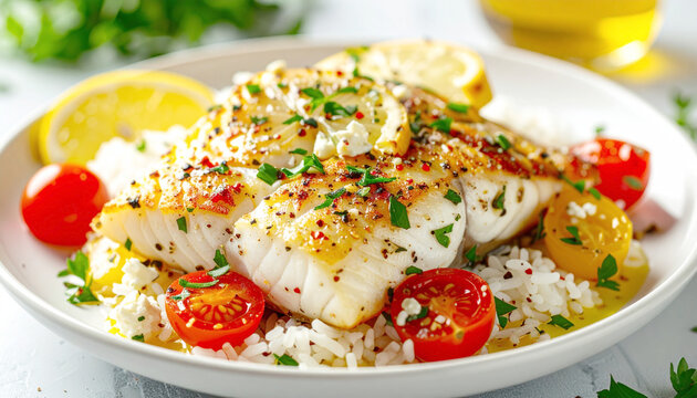 Rice with baked halibut fish, with tomatoes and a lemon butter sauce. AI