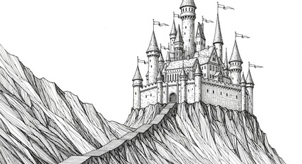 A majestic castle sits atop a rugged mountain with steep cliffs and towers reaching the sky. © jason