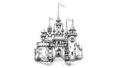 A majestic castle stands proudly in a serene landscape under a sunny sky with towers and a grand entrance gate. © jason