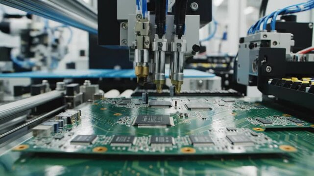 Machines place chips on circuit boards in a factory for electronics assembly