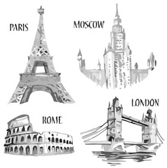 Monumental city landmarks featuring Eiffel Tower, Kremlin, Colosseum, and Tower Bridge in Paris, Moscow, Rome, and London.