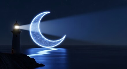 Lighthouse Shining on Crescent Moon