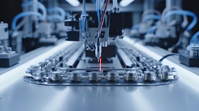 Precision manufacturing robotic arm meticulously works on small metallic objects