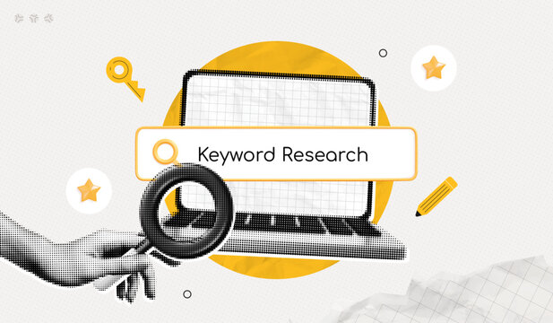 Trendy Halftone Collage Keyword Search. Hand holding magnifying glass to search website content by keywords. SEO marketing and advertising. Online Discovery. Contemporary vector illustration art