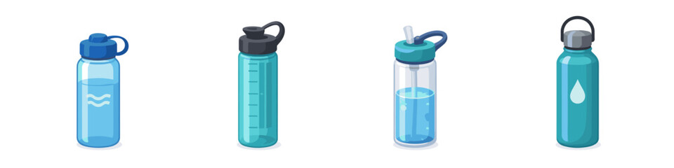 Obraz premium Collection of four different reusable water bottles in various blue shades and designs