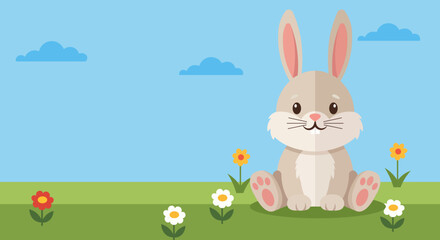 Fototapeta premium Cute cartoon bunny sitting in a field of flowers under a blue sky with clouds