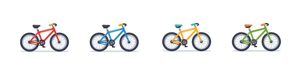 Fototapeta premium Collection of four colorful bicycles lined up against a white background