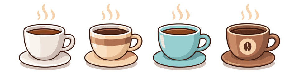 Obraz premium Four steaming cups of coffee in different styles and colors on white background