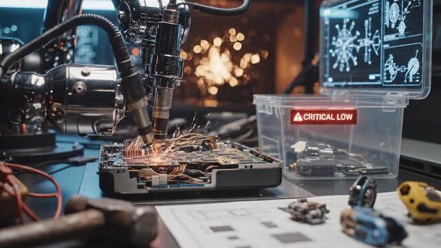 Electronics workshop with robotic arms and optical equipment.