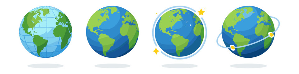 Set of four stylized cartoon globes showing Earth's continents and oceans