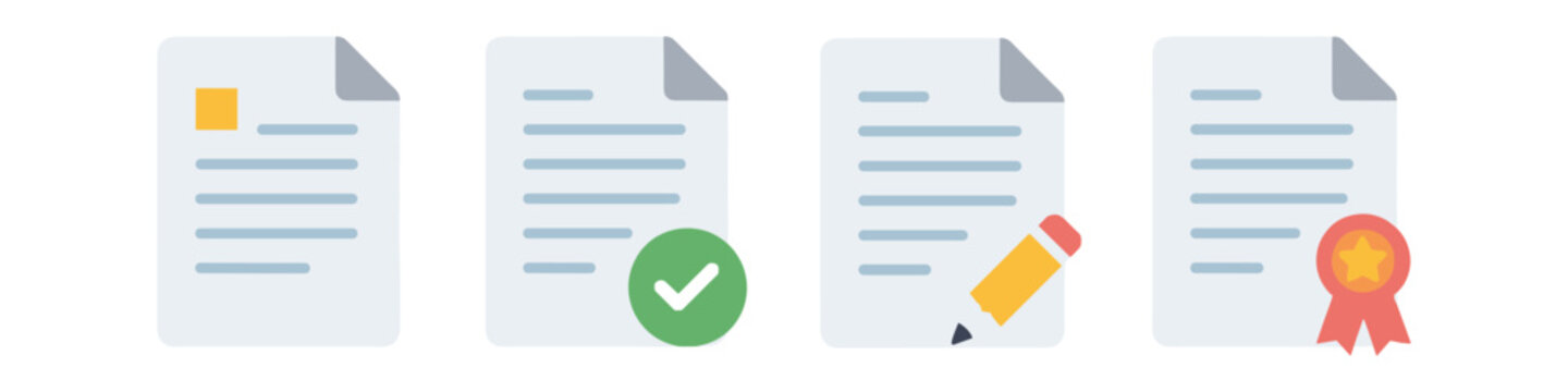 Set of document icons representing different stages of work and achievement