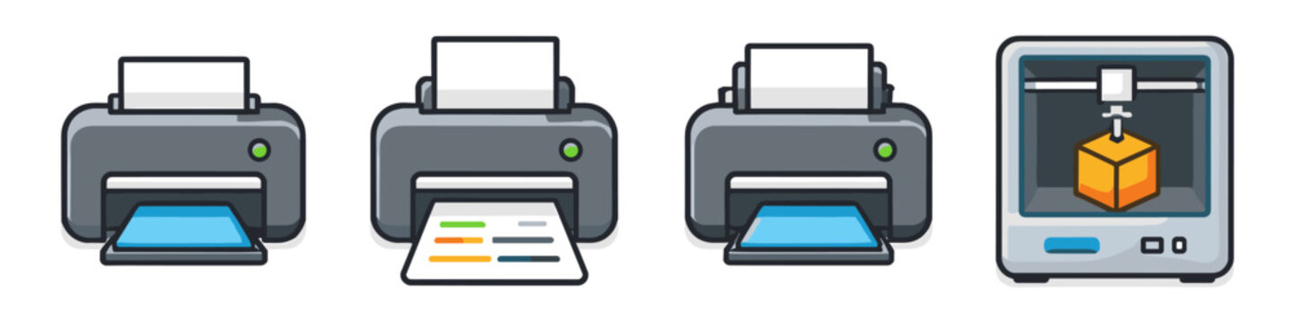 Collection of printer icons including a 3D printer creating a cube object
