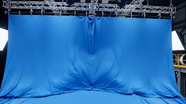 A studio setup with a large blue fabric backdrop, studio lights, and rigging